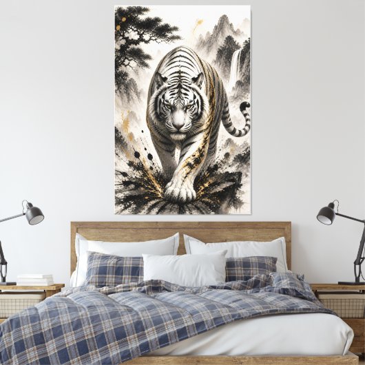 Witte Tijger Inktsplash Canvas Kunst Japanse Sumi- (Insitu (Slaapkamer))