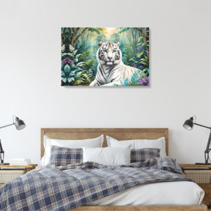 Witte Tijger Jungle Flora Canvas Afdruk