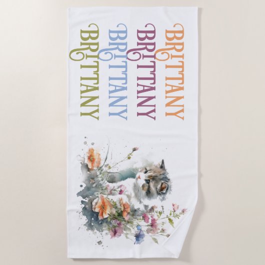 Witte tijger kitten in bloemen monogram strandlaken (Voorkant)