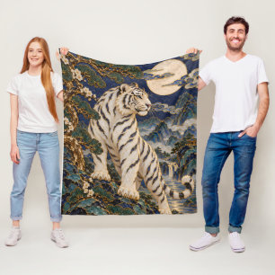 Witte Tijger Kunst – Volle Maan Dennenboom Berg La Fleece Deken