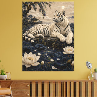 Witte Tijger Lotusvijver – Maanverlicht Aziatisch Canvas Afdruk