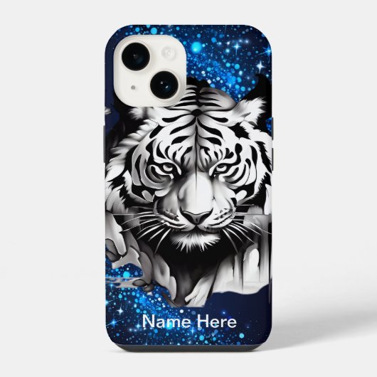 Witte Tijger met Blauwe Glitters iPhone Hoesje (Achterkant)