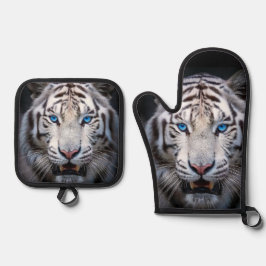 Witte tijger met blauwe ogen ovenwant & pannenlap set