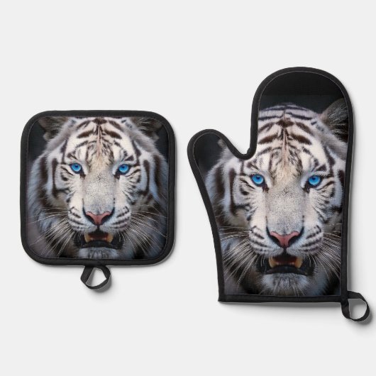 Witte tijger met blauwe ogen ovenwant & pannenlap set (Voorkant)