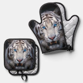 Witte tijger met blauwe ogen ovenwant & pannenlap set (Voorkant / Achterkant)