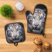 Witte tijger met blauwe ogen ovenwant & pannenlap set (Top down)