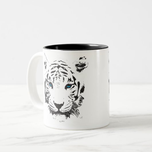 Witte tijger met blauwe ogen tweekleurige koffiemok (Voorkant links)