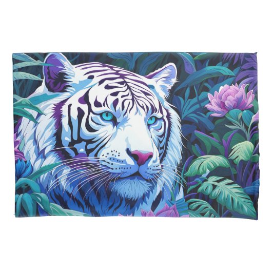 Witte Tijger met paarse bloemen Kussensloop (Voorkant-Links)