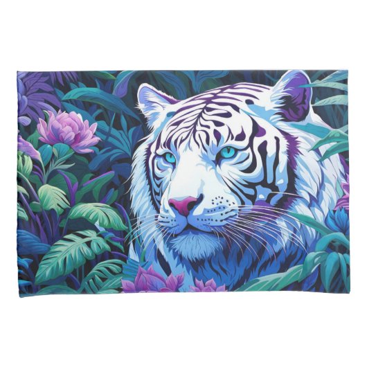 Witte Tijger met paarse bloemen Kussensloop (Voorkant-Rechts)