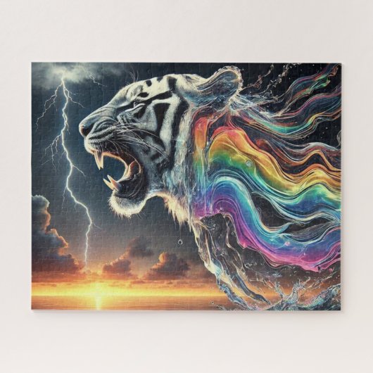 Witte tijger met regenboog neon legpuzzel (Horizontaal)