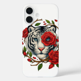 Witte tijger met rode rozen – Bold Wildlife Floral iPhone 16 Hoesje