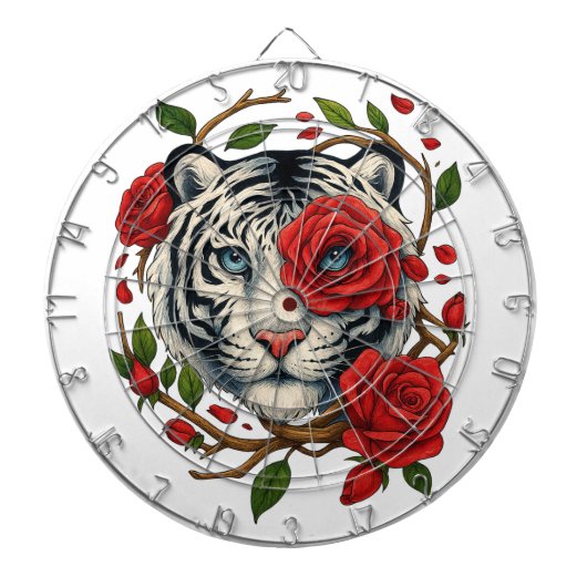 Witte tijger met rode rozen – Bold Wildlife Floral Dartbord (Voorkant)