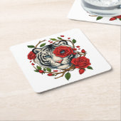 Witte tijger met rode rozen – Bold Wildlife Floral Kartonnen Onderzetters (Schuin)