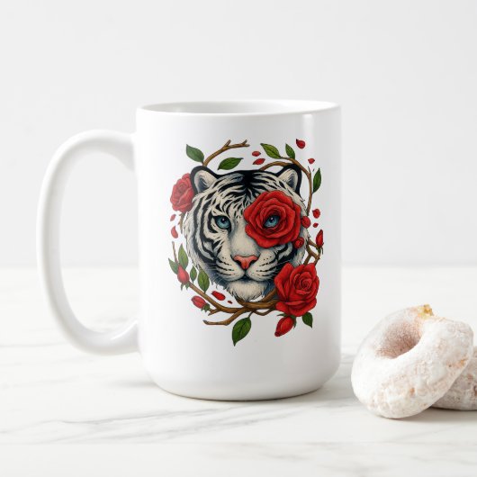 Witte tijger met rode rozen – Bold Wildlife Floral Koffiemok (Met donut)