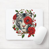 Witte tijger met rode rozen – Bold Wildlife Floral Muismat (Met muis)