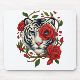 Witte tijger met rode rozen – Bold Wildlife Floral Muismat