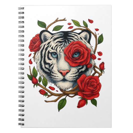 Witte tijger met rode rozen – Bold Wildlife Floral Notitieboek (Voorkant)