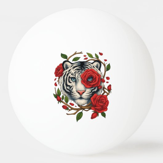 Witte tijger met rode rozen – Bold Wildlife Floral Pingpongbal (Voorkant)
