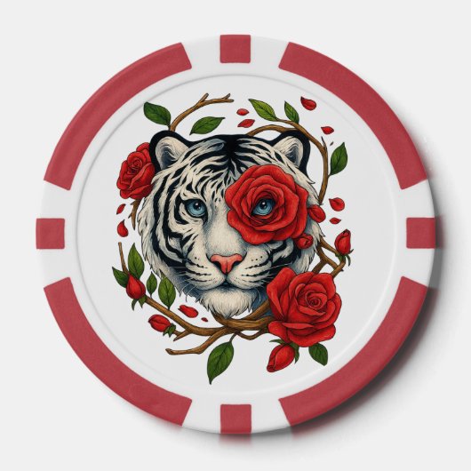 Witte tijger met rode rozen – Bold Wildlife Floral Poker Chips (Voorkant)