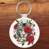 Witte tijger met rode rozen – Bold Wildlife Floral Sleutelhanger (Voorkant)