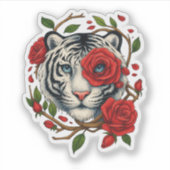 Witte tijger met rode rozen – Bold Wildlife Floral Sticker (Voorkant)