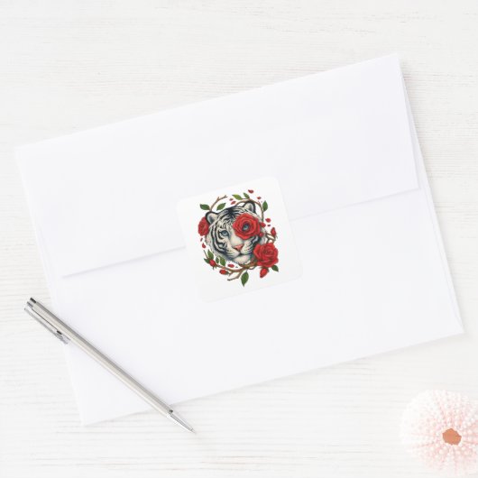 Witte tijger met rode rozen – Bold Wildlife Floral Vierkante Sticker (Envelop)