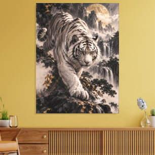 Witte Tijger met Volle Maan en Besneeuwde Bergen Canvas Afdruk