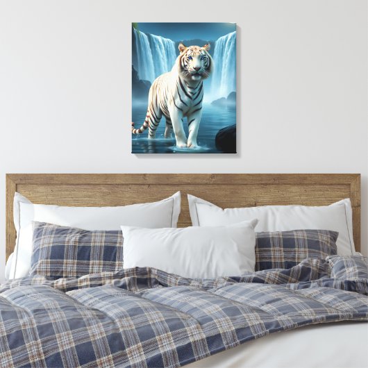 Witte tijger met watervallen uitgerekt canvas (Insitu (Slaapkamer))