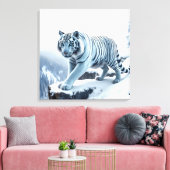 Witte tijger op besneeuwde kliffen gestrekte canva canvas afdruk (Insitu (Woonkamer))