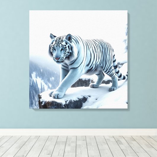 Witte tijger op besneeuwde kliffen gestrekte canva canvas afdruk (Insitu (Houten vloer))