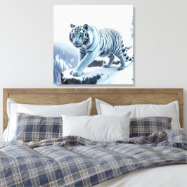 Witte tijger op besneeuwde kliffen gestrekte canva canvas afdruk
