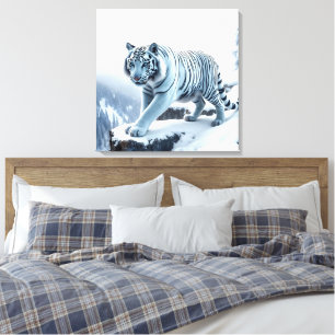 Witte tijger op besneeuwde kliffen gestrekte canva canvas afdruk