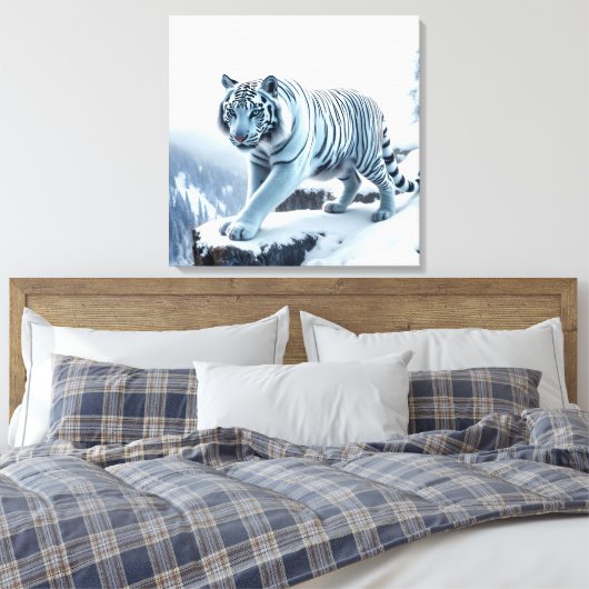 Witte tijger op besneeuwde kliffen gestrekte canva canvas afdruk (Insitu (Slaapkamer))