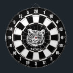Witte tijger op zwart en wit dartbord<br><div class="desc">Witte tijger op zwart-wit Dart Board. Tekst kan worden gepersonaliseerd.</div>