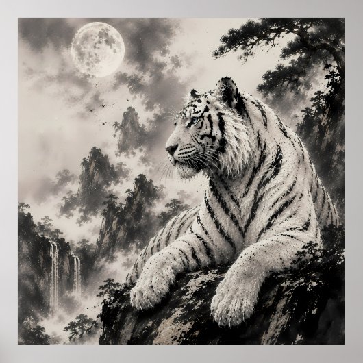 Witte Tijger Rustend op Klif | Traditionele Inkt W Poster (Voorkant)