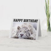 WITTE TIJGER SLAPEN, TAART ETEN, VERJAARDAGSKAART KAART (Voorkant)