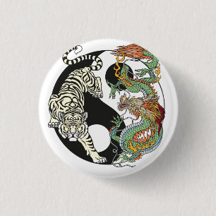 Witte tijger tegen groene draak in yin yang bu ronde button 3,2 cm