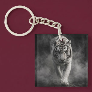 Witte Tijger Wandelend Door Rook Sleutelhanger