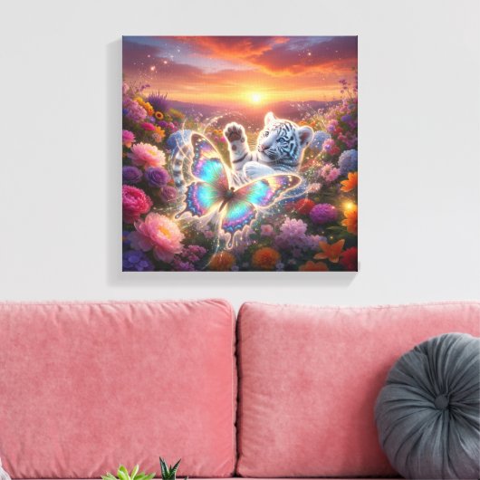 Witte tijgerbaby met vlinder canvas afdruk (Insitu (Woonkamer))