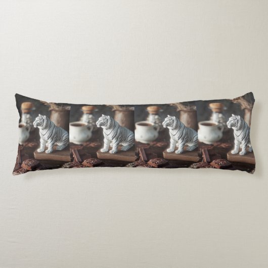 Witte Tijgerfiguur – Rustieke Chocolade & Koffie Lichaamskussen (Voorkant)