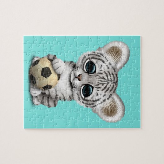 Witte tijgerkubus met Football Voetbal Legpuzzel (Horizontaal)
