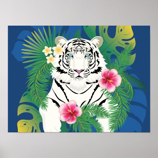 Witte tijgerportret met tropische bladeren poster (Voorkant)