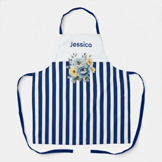 Witte top met blauwe strepen Bloemen Schort (Voorkant)