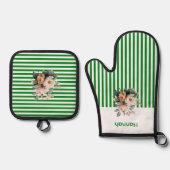 Witte top met groene strepen Bloemen Ovenwant & Pannenlap Set (Voorkant)