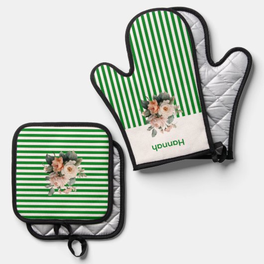 Witte top met groene strepen Bloemen Ovenwant & Pannenlap Set (Voorkant / Achterkant)