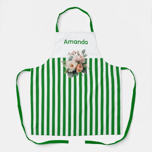 Witte top met groene strepen Bloemen Schort (Voorkant)