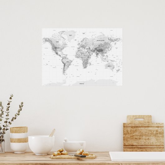 Witte Topografische Wereldkaart Poster (Keuken)