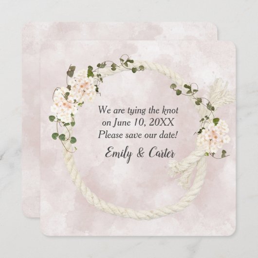 Witte Touw Met Hydrangea Boeketten Save The Date (Voorkant / Achterkant)