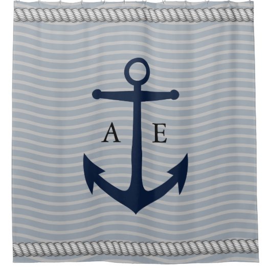 Witte touwen en Navy Anchor Monogram Douchegordijn (Voorkant)