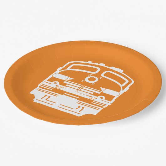 Witte Trein Motorprofiel op Oranje Achtergrond Papieren Bordje (Gekanteld)